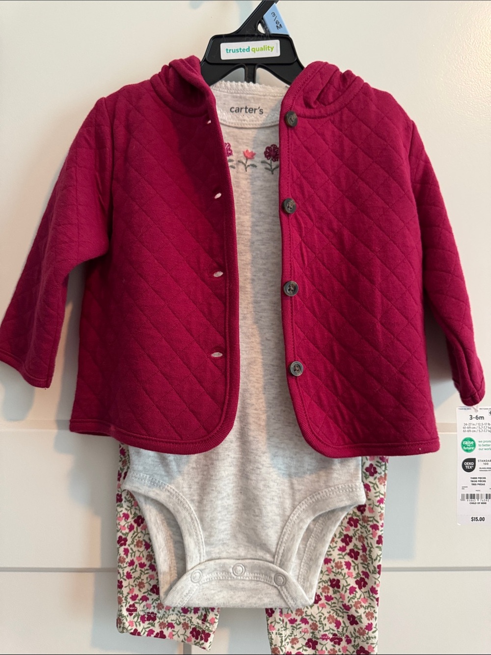 Carter's Berry Quilted Jacket with Floral Bodysuit & Pants